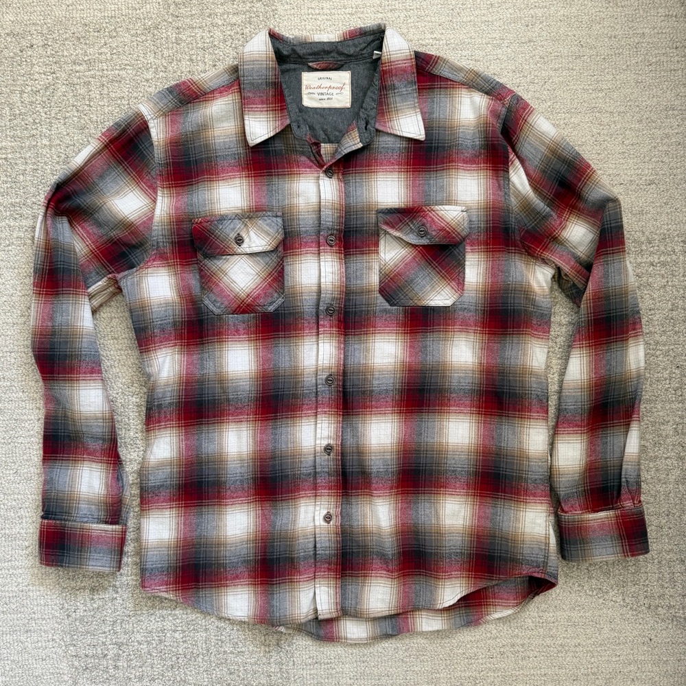 Men's Original Weatherproof Vintage Red and Gray Plaid Button-Down Flannel Shirt